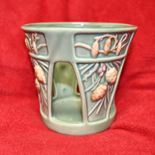 Vintage 2005 Enesco - Art of Nature Karen Hahn Ceramic /  Pottery Candle/Tea Light Holder - Green With Pine Cones / 5" Tall x 5.5" Diameter