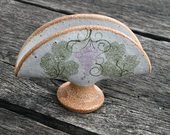 Vintage Greek Hand Painted Pottery Napkin Holder Cyprus Kontos-Green/Purple/Orange/Cream-Grapes/Vines Motif-Measures 3.75 Tall x 5.5" Wide