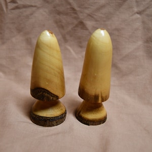 May include: Two wooden salt and pepper shakers shaped like trees. The shakers are made of light wood with dark brown accents.
