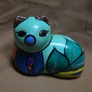 Vintage Terracotta / Pottery - Folk Art Hand Painted Whimsical Cat Figurine - Bright Vibrant Colors