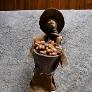 Vintage Mexican  Paper Mache Folk Art Figurine Village Man Carrying A Filled Basket