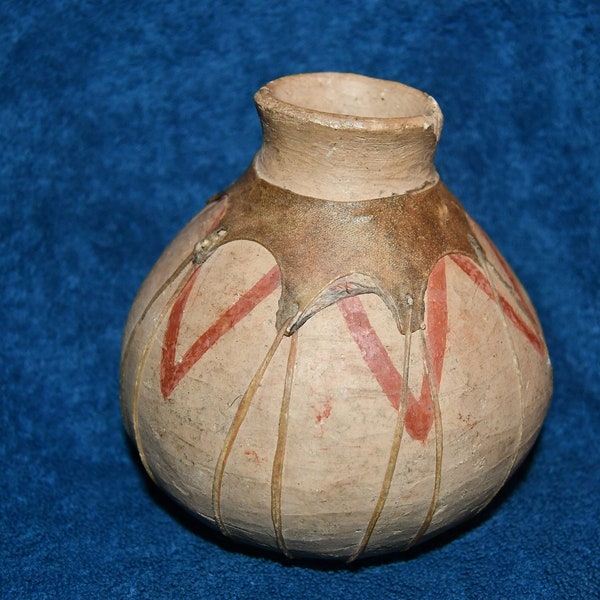 Vintage Mexican Pottery / Red Clay Pottery Bowl / Planter - Leather Straps - Small Chip On Rim