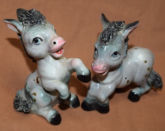 Vintage Lefton China - Hand Painted Gray Speckled Donkeys / Burros - Salt and Pepper Shakers - Spaghetti Manes and Tails - Marked 587.