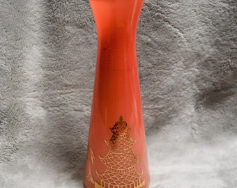 Vintage Peach / Melon Colored Glass Vase With Ruffled Top Edge - 8.75" With Gold Asian Pagoda Scene