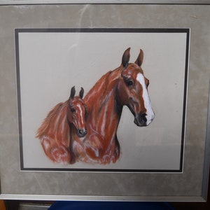 Vintage Double Matted Pastels Picture-2 Chestnut Horses/Mare and Foal-No Signature-Image is Stunning!/Twin City Picture Framing  / 23&quot; x 21&quot;