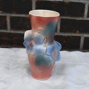 Vintage Royal Copley Pink and Blue Pastel Pansy Patterned Vase Raised Florals On Both Sides - About 7" Tall x 4.25" Wide  **** READ *****