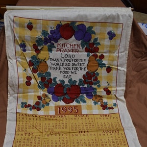 Vintage Calendar Towel / Wall Hanging / Tapestry With Dowel Rod - 1995 Kitchen Prayer