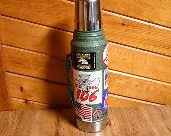 Vintage 1988 Aladdin Stanley 1 Quart Thermos #A-944DH - Decorated With Multiple Union Labels - 14 inches Tall
