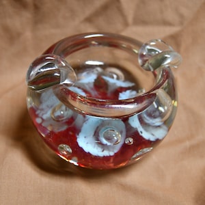 Vintage Hand Blown Ashtray / Bowl - Clear Murano Like Glass With  Red at Bottom and Gorgeous Blue Belle Like Flowers With Bubbles in Center