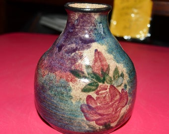 Vintage Malsnee Pottery Signed Vase / Dated 2001 - Georgia.    Multi Muted Colors With Central Roses