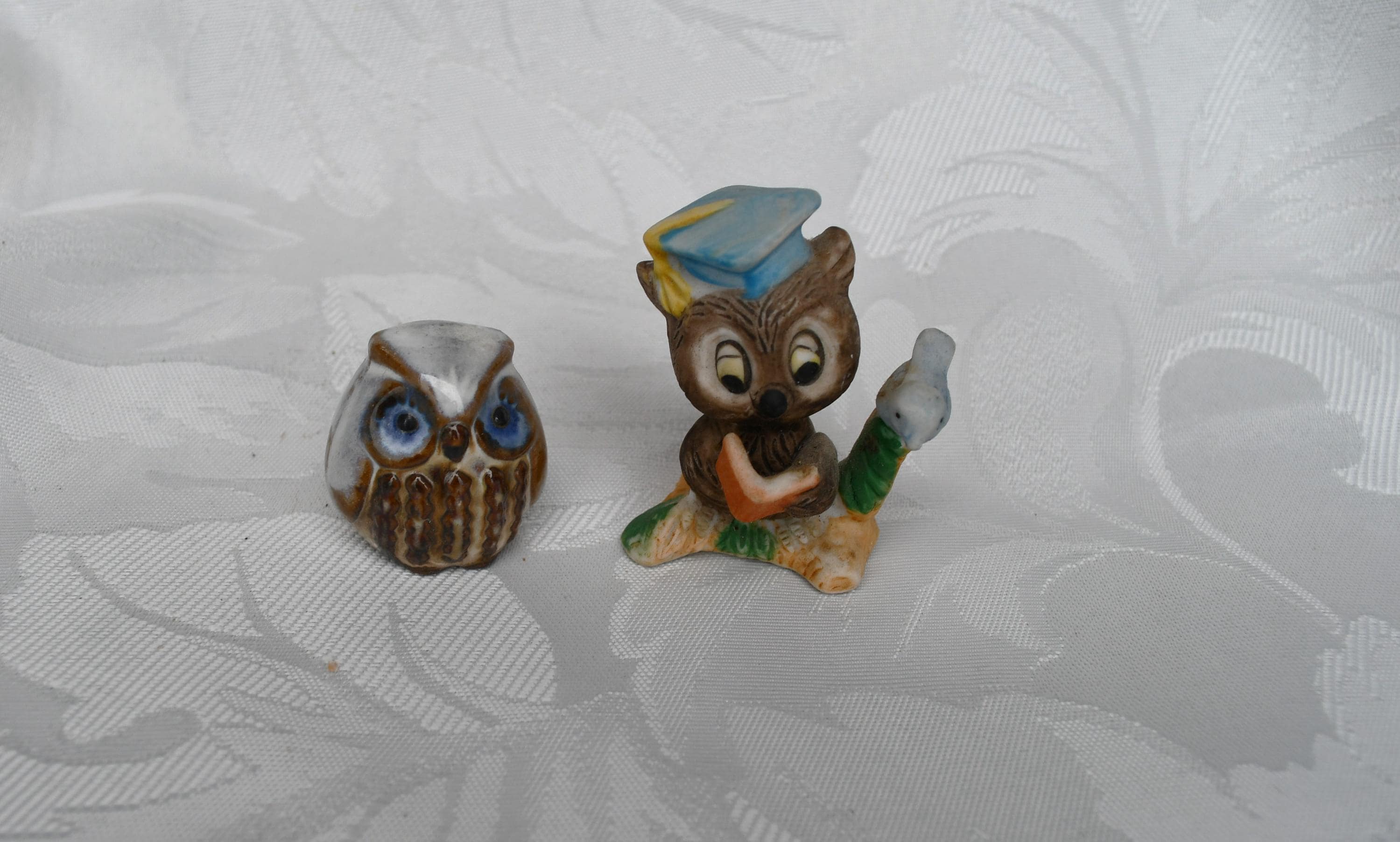 Lot Of 2 Owl Minis - Emson (?) Stoneware/Clay - Frankel (?) Porcelain Wise Owl In Graduation Cap - W