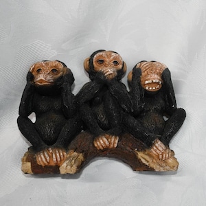 Vintage Three Wise  Monkeys - Hear No Evil/Speak No Evil/See No Evil - Resin Figurine - Measures Approximately 5&quot; Tall x 7&quot; Long
