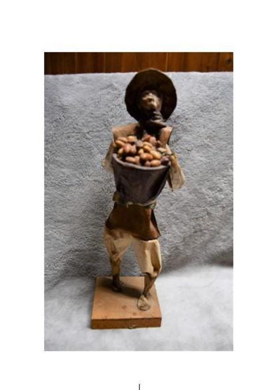 Vintage Mexican Paper Mache Folk Art Figurine Village Man Carrying A Filled Basket