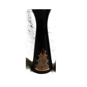 Vintage Smoky Black Colored Glass Vase With Ruffled Top Edge - 9&quot; Tall With Gold Asian Pagoda Scene