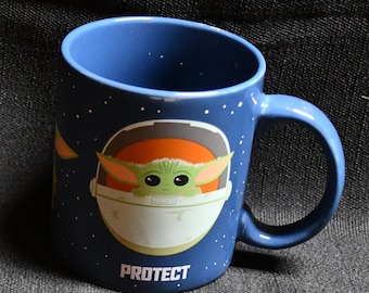 Vintage Disney Star Wars / Lucas Films - Mandalorian Grogu Protect, Attack, Snack Ceramic Coffee Mug / Cup