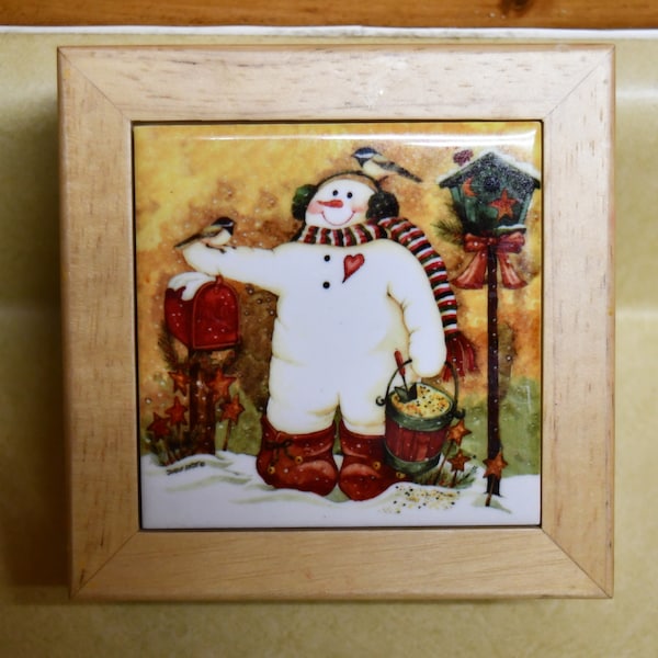 Vintage Christmas / Holiday Hinged Wooden Box Top W/Inset Ceramic Tile - Festive Snowman Scene - Tile Signed Diane Knott / 5.5 Inch Square