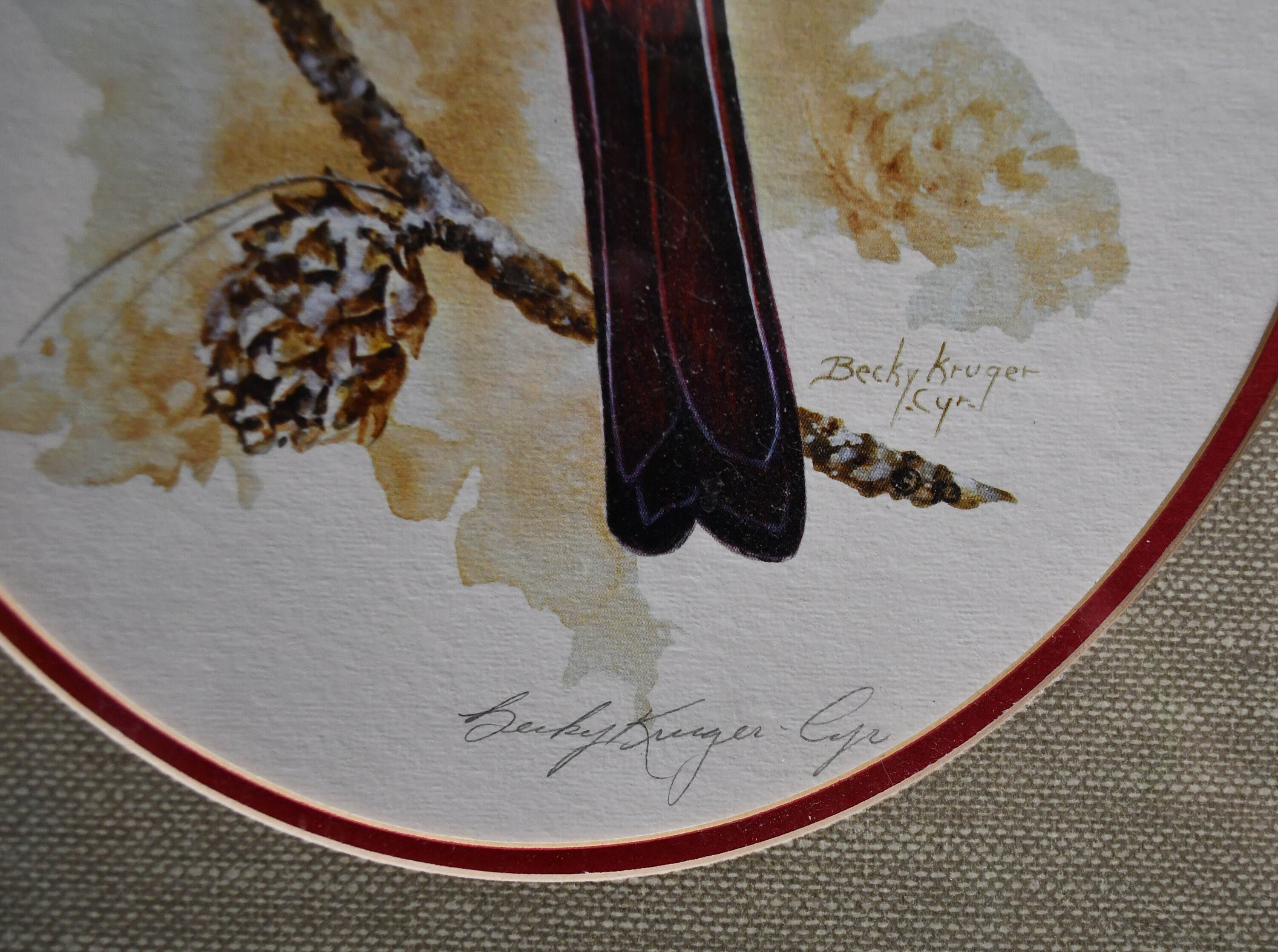 Vintage Becky Kruger-cyr Double Signed Male Red Cardinal on A