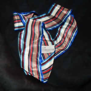 Vintage Liz Claiborne New Old Stock Ladies 1980&#39;s Vintage Tie / Scarf -  Blue, Green, And Red  Stripes -  100%  Silk