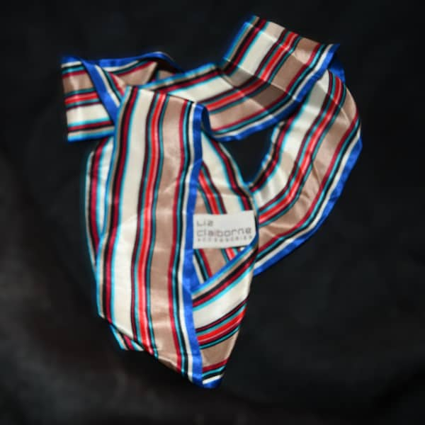 Vintage Liz Claiborne New Old Stock Ladies 1980's Vintage Tie / Scarf -  Blue, Green, And Red  Stripes -  100%  Silk