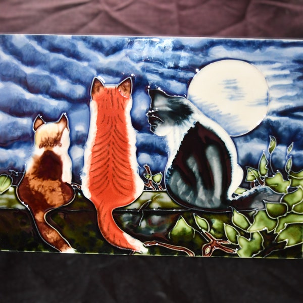 Vintage Ceramic Tile Picture -  Folk Art - Three Cats Under The Moon - Imported By Benaya /  Wall Hanging / Table Top Decor