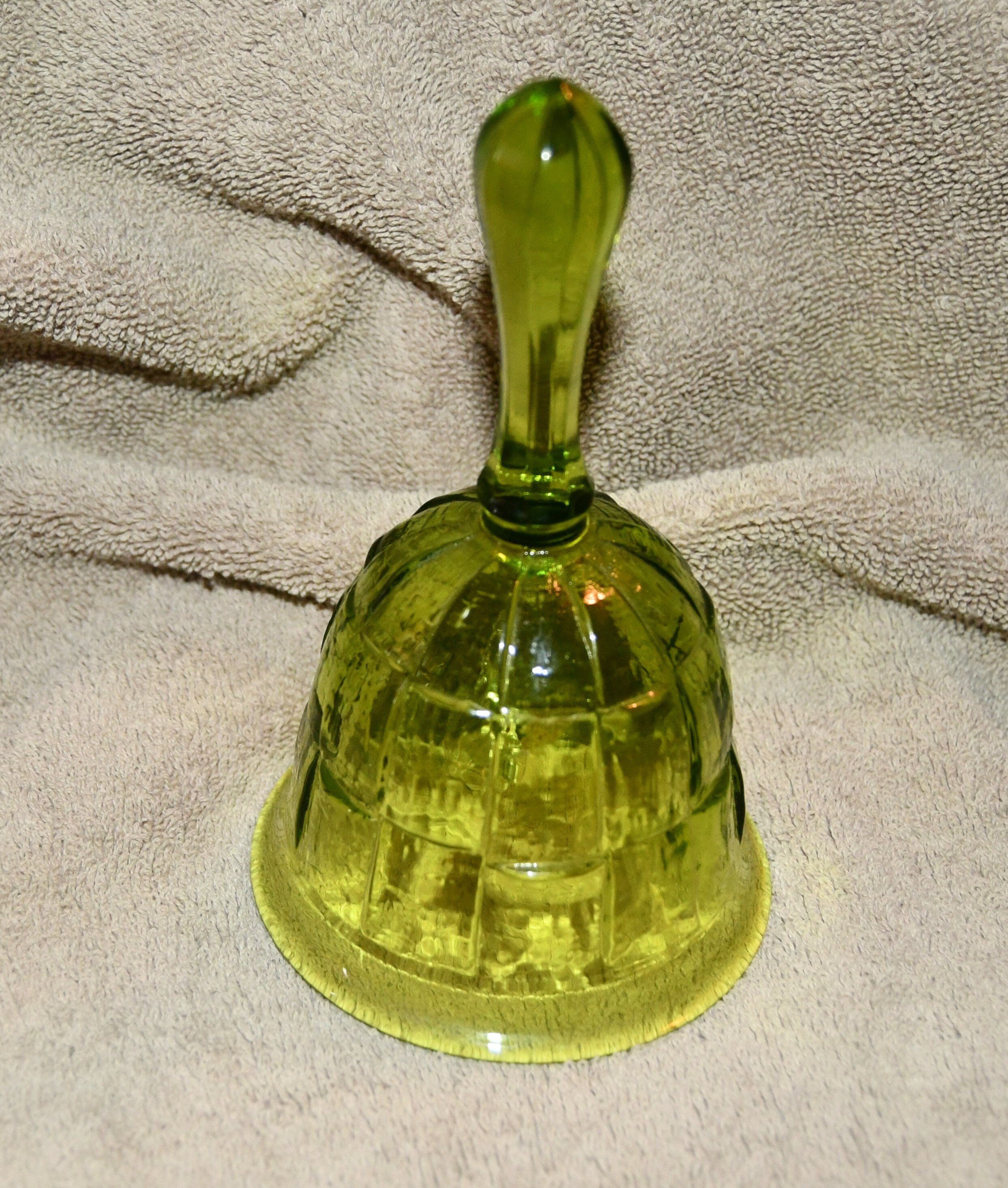 Vintage Lime Green Glass Bell With Cubist Like Design Set In
