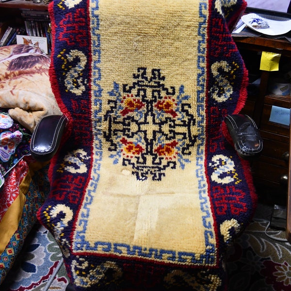 Vintage 1930's (?) Throw Rug / Runner Rug 1900-1939s Veggie Dyes / Wool Dowry Pile Rug / Turkish  / 48" X 26" - Boho Looking / Very Heavy