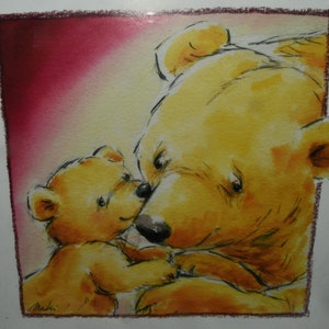Mother Bear’s Love III Framed Picture Signed Makiko / Red Colored Frame - Children's Art Print / Poster - Measures 12 x 12