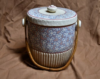 Vintage Ceramic Floral Biscuit / Cracker Jar - Made In Japan With Rattan Handle Shades Of Blue/Pink/Red Floral Pattern - Nice Patina