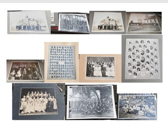 Lote antiguo de 11 fotografías/recuerdos victorianos en blanco y negro: grupos de personas/fotografías de clase escolar, varios tamaños.