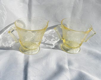 Vintage Hazel Atlas Yellow Florentine No. 2/Poppy No 2 Pattern - Yellow Depression Glass - Creamer & Sugar Set - About  3.25" Tall x 5" Wide