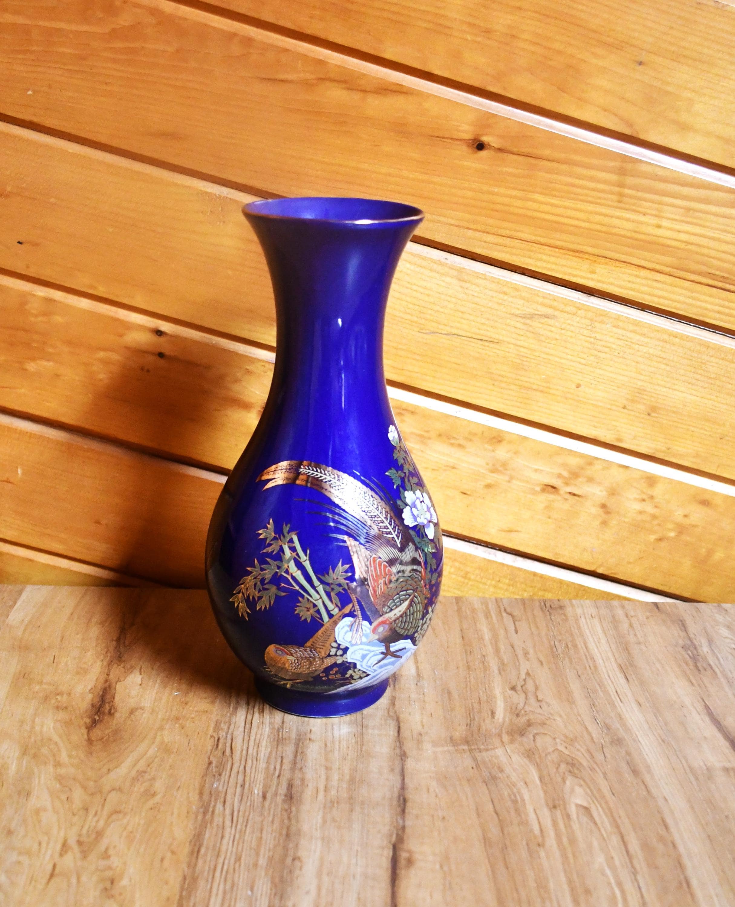 ヴィンテージ 九谷焼 (?) 陶器花瓶 - 濃厚なコバルトブルーの東洋風