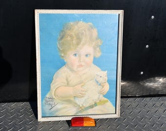 Vintage Maud Tousey Fangel Litho (?) Print-two Wee Lambs/child