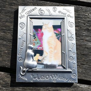 Può includere: Una cornice portafoto rettangolare in metallo color argento con una figura di gatto in rilievo in basso a sinistra, motivi a lisca di pesce in rilievo e disegni a spirale. La cornice riporta le scritte My Kitten, Cool Cat, Good Kitty e Meow Kitty Kat.