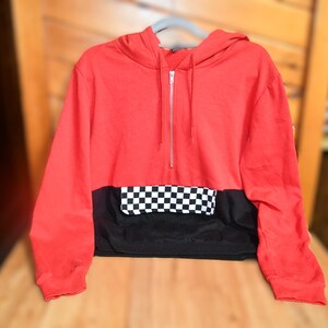Rue 21 Red/Black/White Size Medium Fleece Hoodie 3/4 Zipper-Racing Flag Black/White Checkered Flag Pattern On Front Pocket And Inside Hoodie