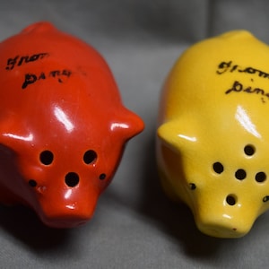 Vintage From Pingle (?) Miniature Yellow and Red Pigs Ceramic Salt and Pepper Shakers - Cork Stoppers