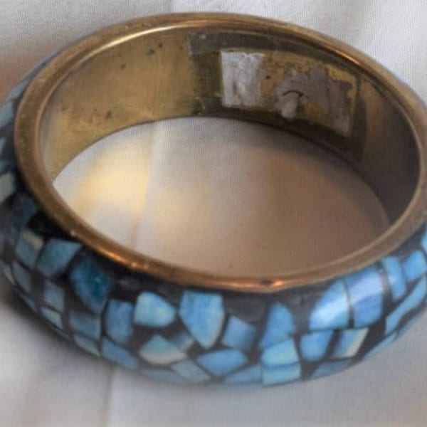 Vintage Brass Bangle Bracelet With Turquoise (?) Inlaid Stones.