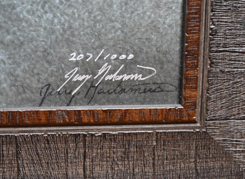 May include: A framed print with a gray background and a handwritten signature that reads "Jerry Madam", along with the number "207/1000".