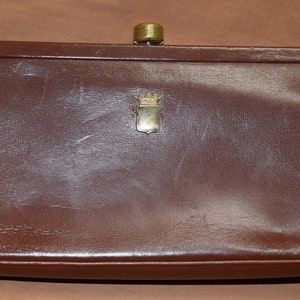 Vintage Elite Handbags Mid Century Brown Leather Evening Handbag / Clutch - Brass Emblem & Snap Closure