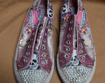 Sketchers Twinkle Toes Style Pink Tattoo Art Sugar Skulls Girls Size 4 Tennis Shoes