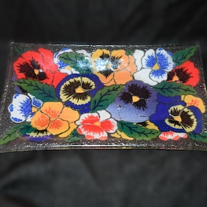 Vintage Peggy Karr Fused Glass Rectangular Colorful Flowers / Pansy Tray - Signed Peggy Karr