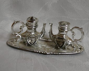 Vintage 1960's North Dakota State Souvenir, Salt and Pepper Shakers Set On Tray - Silver Tone Color - Made in Japan- Shakers Are 1.75" Tall