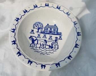 Vintage Provincial Blue Hand Painted Poppytrail By Metlox 10" Serving Bowl - Farmhouse Scene With Horses Plowing - Measures 10" In Diameter