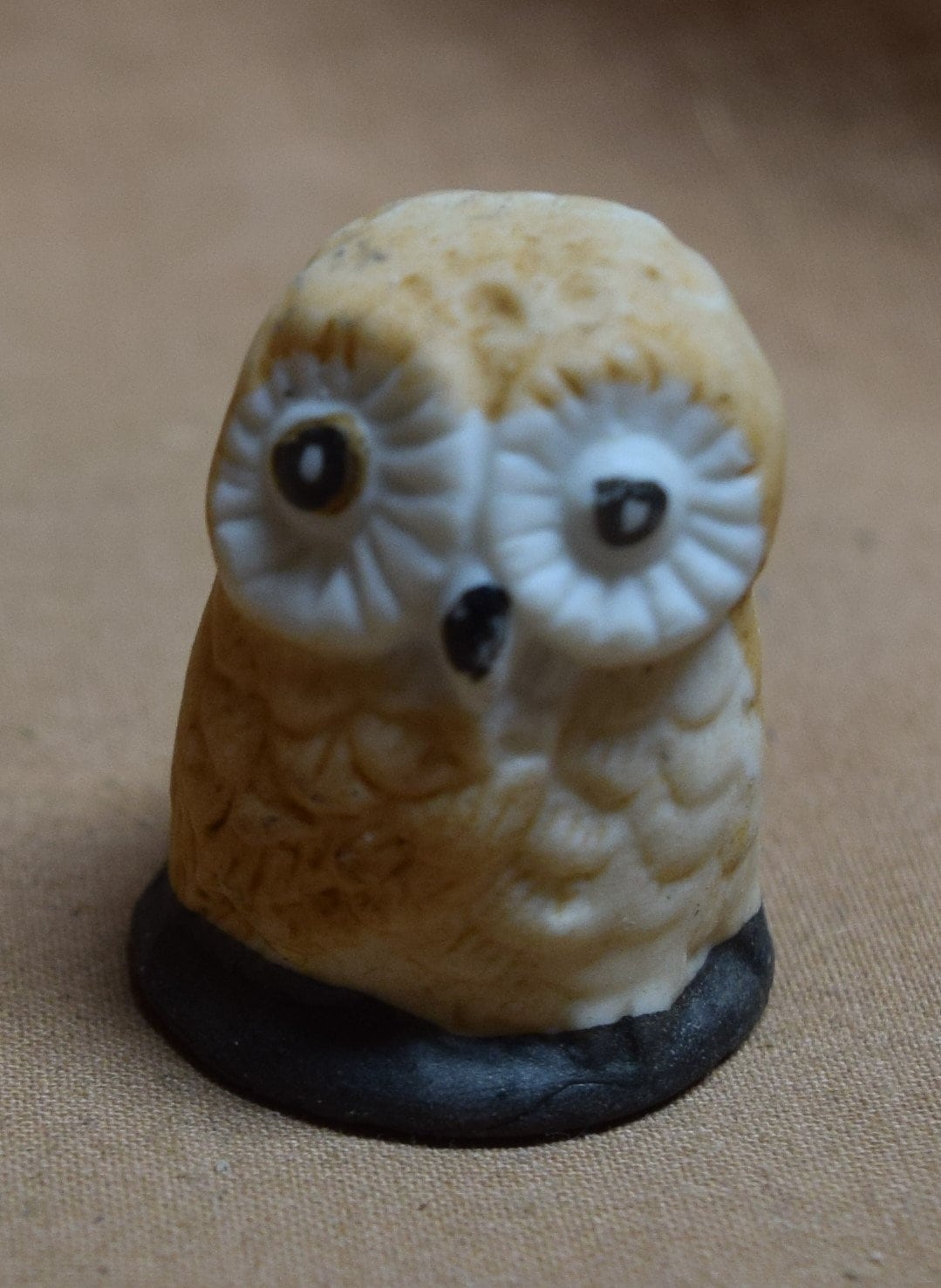 Vintage Hand Painted Owl Bisque / Porcelain Sewing Thimble Miniature Figurine