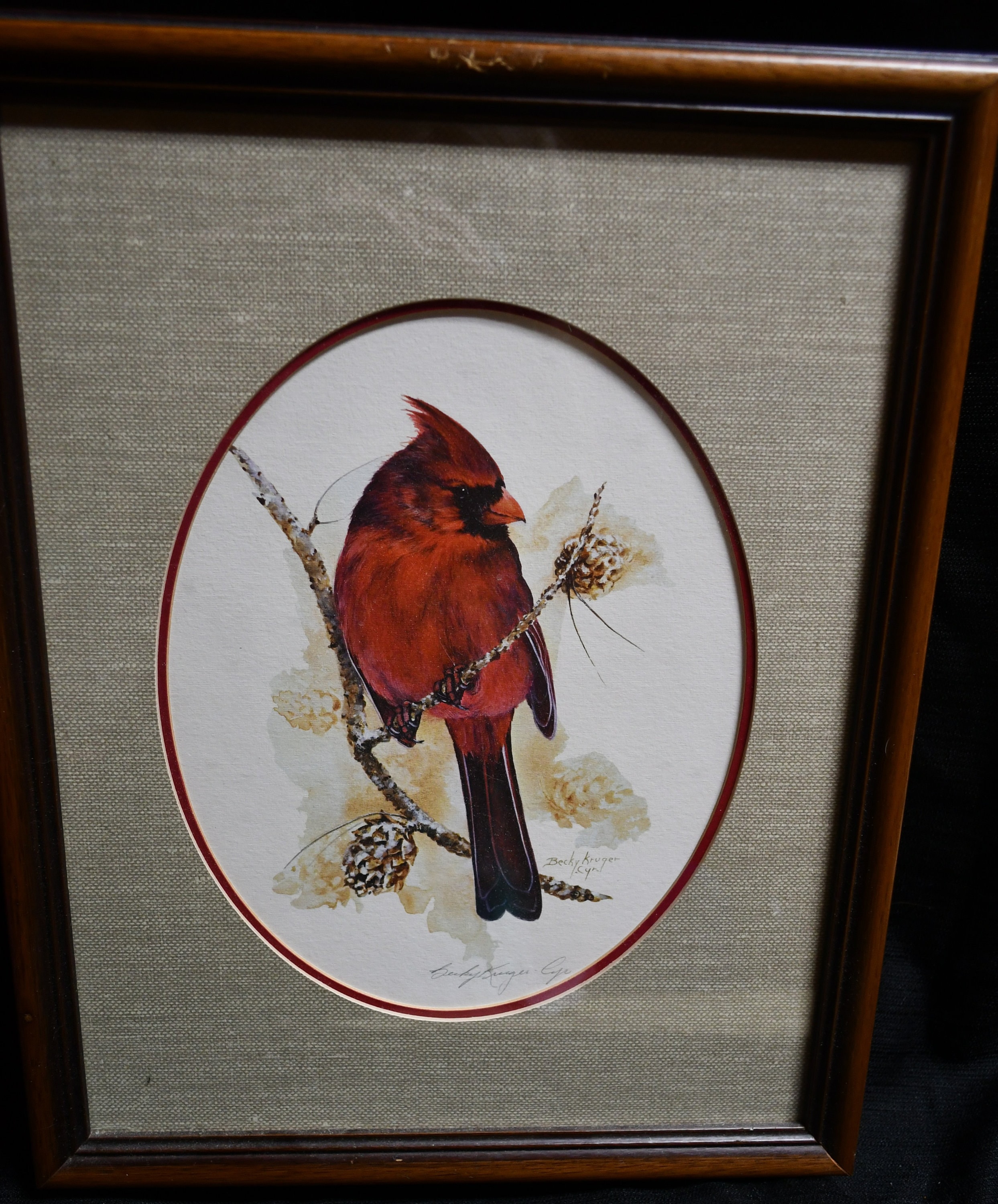 Vintage Becky Kruger-cyr Double Signed Male Red Cardinal on A