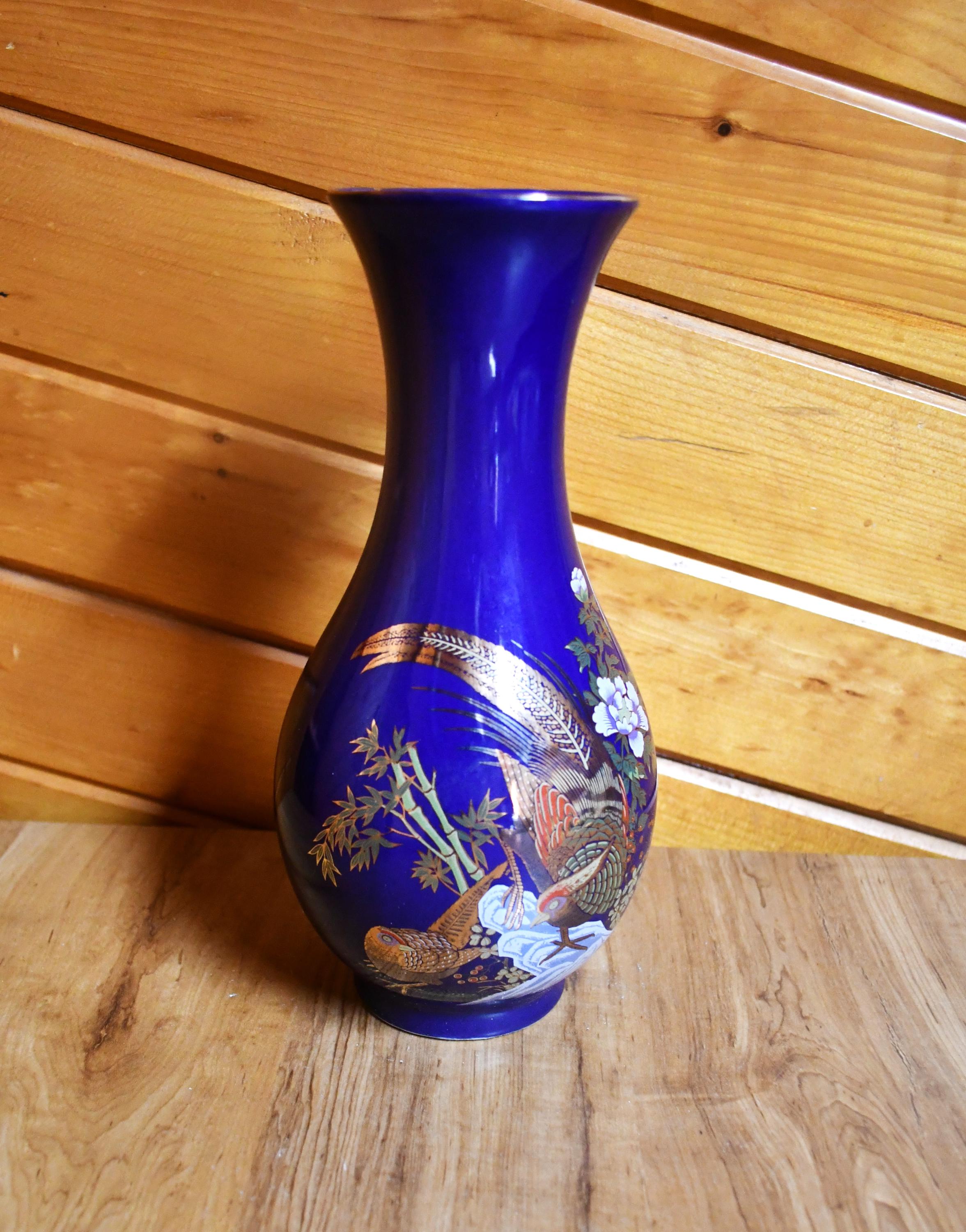 ヴィンテージ 九谷焼 (?) 陶器花瓶 - 濃厚なコバルトブルーの東洋風