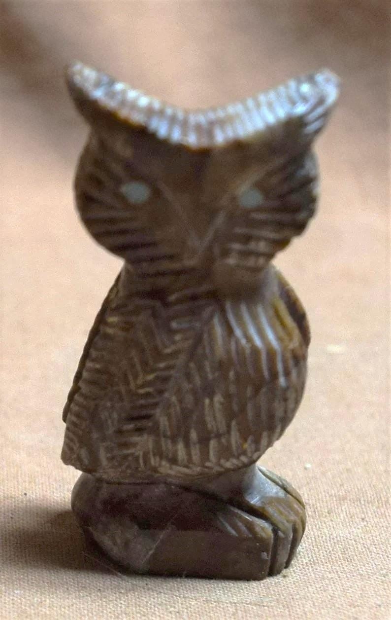 Vintage Alabaster (?) Stone Hand Carved Owl Figurine - Signed on Bottom: HP