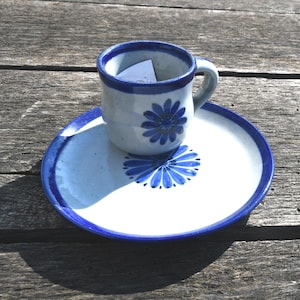 Vintage Ken Edwards El Palomar Mexican  Pottery - Mexican Folk Art Matching Cup And Plate - Both Pieces Are Signed. - Blue Daisy-Like Flower