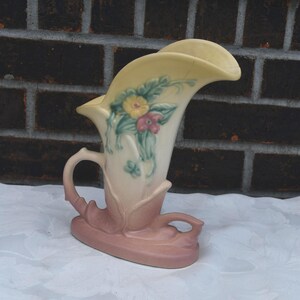 Vintage Hull Pottery Cornucopia Vase Pastel Colors With Raised Florals On Both Sides - About 9.25" Tall x 6" Long x 3" Wide  **** READ *****