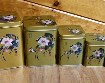 Vintage jaren 60 set van 5 goudkleurige vierkante nesten theeblikjes mid-herfst festival - Hong Kong - bijna nieuwstaat - grootste is 6,5 x 4,5 inch