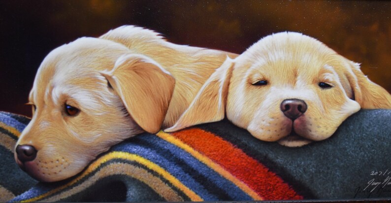 May include: Two golden retriever puppies are napping on a colorful striped blanket. The puppies are lying side by side, with one puppy's head resting on the blanket and the other puppy's head resting on the first puppy's back.